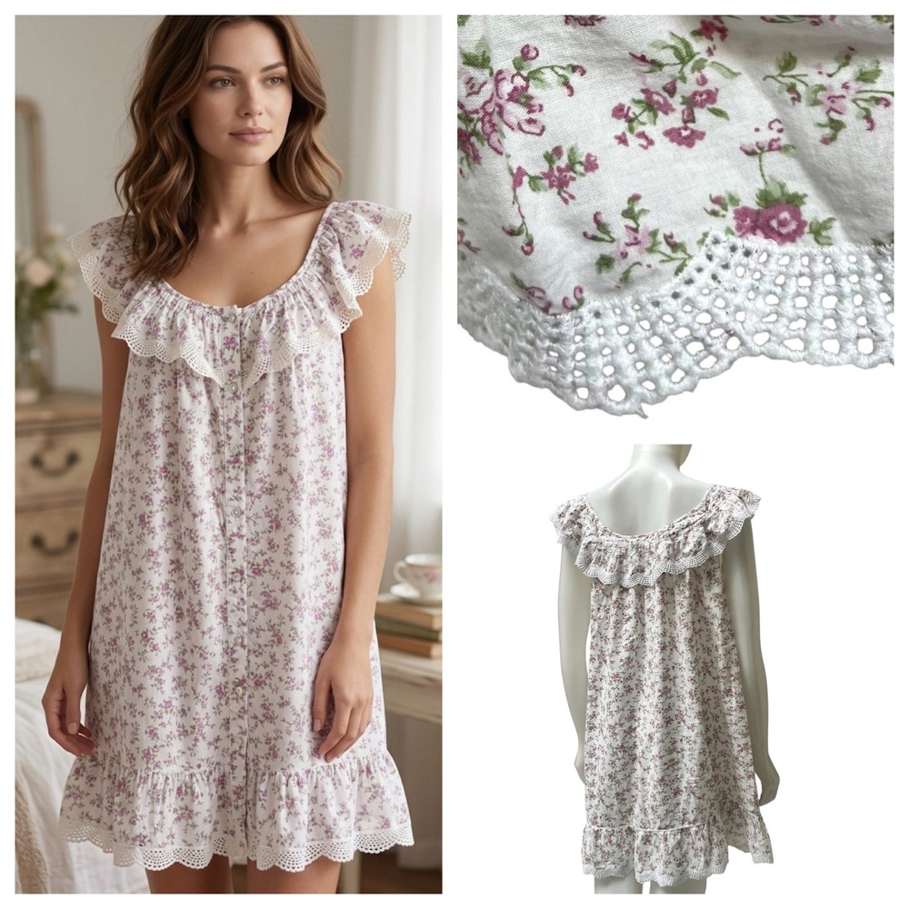 Rachel Ashwell Shabby Chic Ditsy Floral Cotton Ruffle Crochet Nightgown Medium